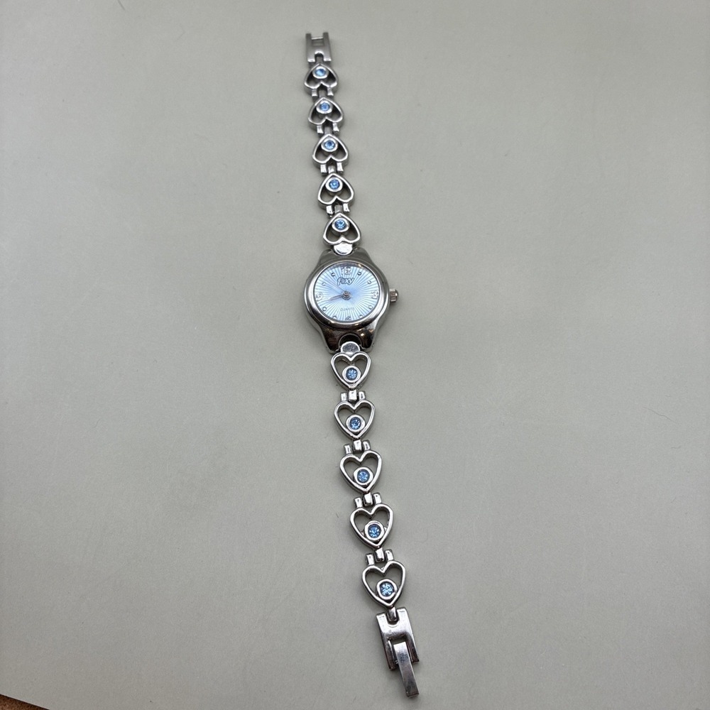 Y2K Foxy Womens Quartz Watch Silver Tone Heart Link Bracelet Blue Dial 423-02